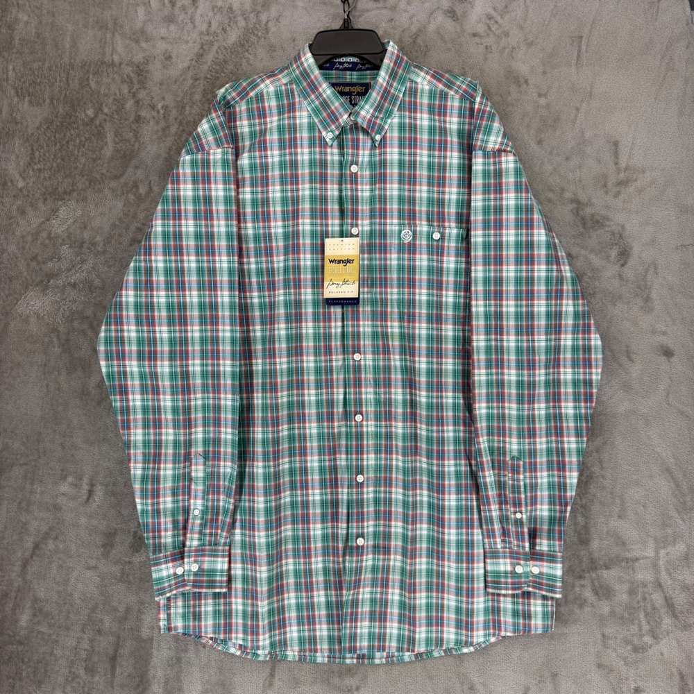 Wrangler George Strait Men XLT Plaid Performance Button Down Shirt Green MGSQ798
